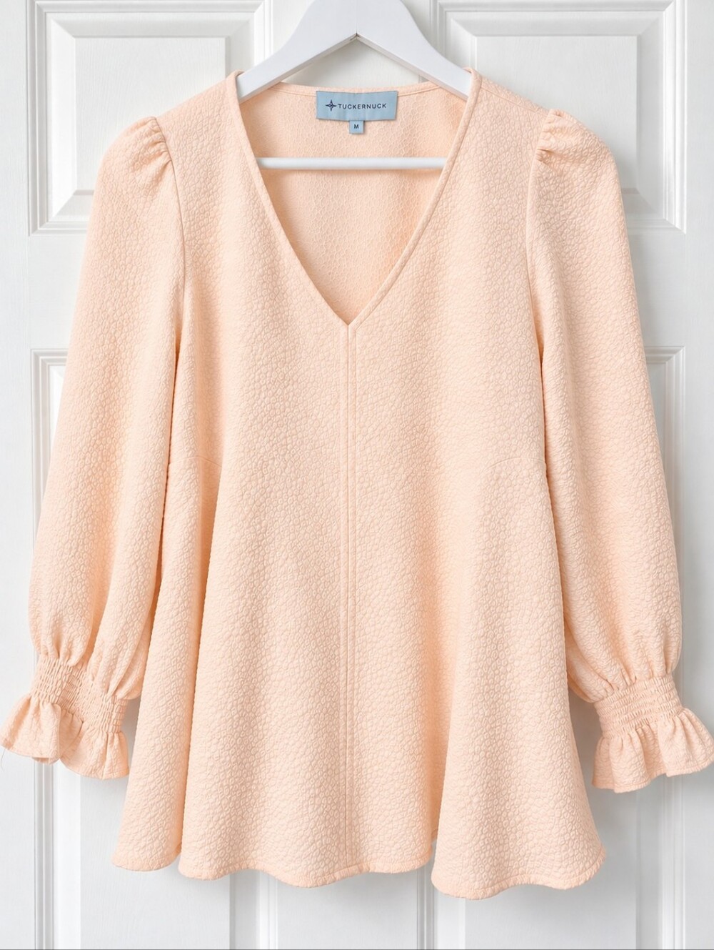 Tuckernuck Peach Textured V Neck Smocked Ruffle Cuff Blouse Top M